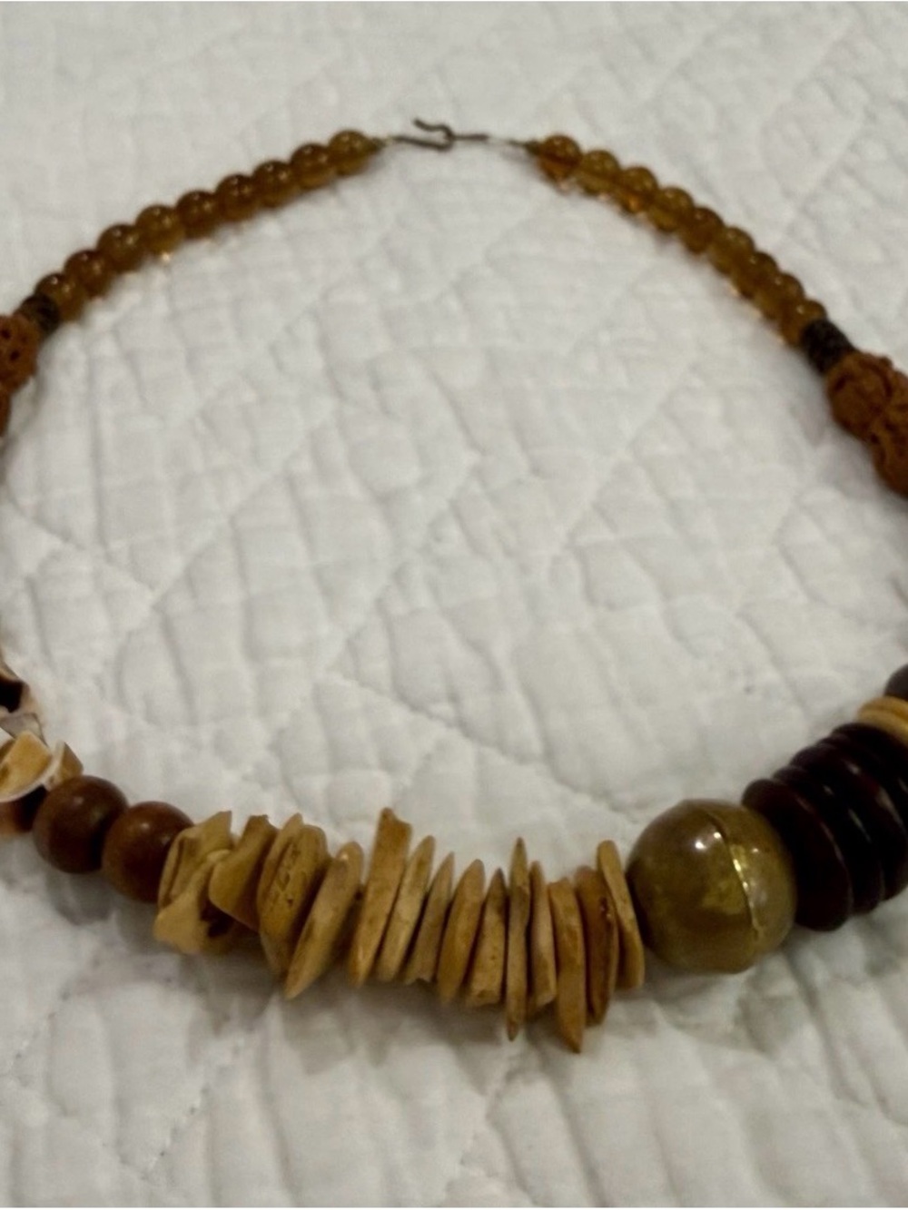 1970’s Chunky Wood Bead, Seashells, Metal Statement Piece 20” Vintage Necklace
